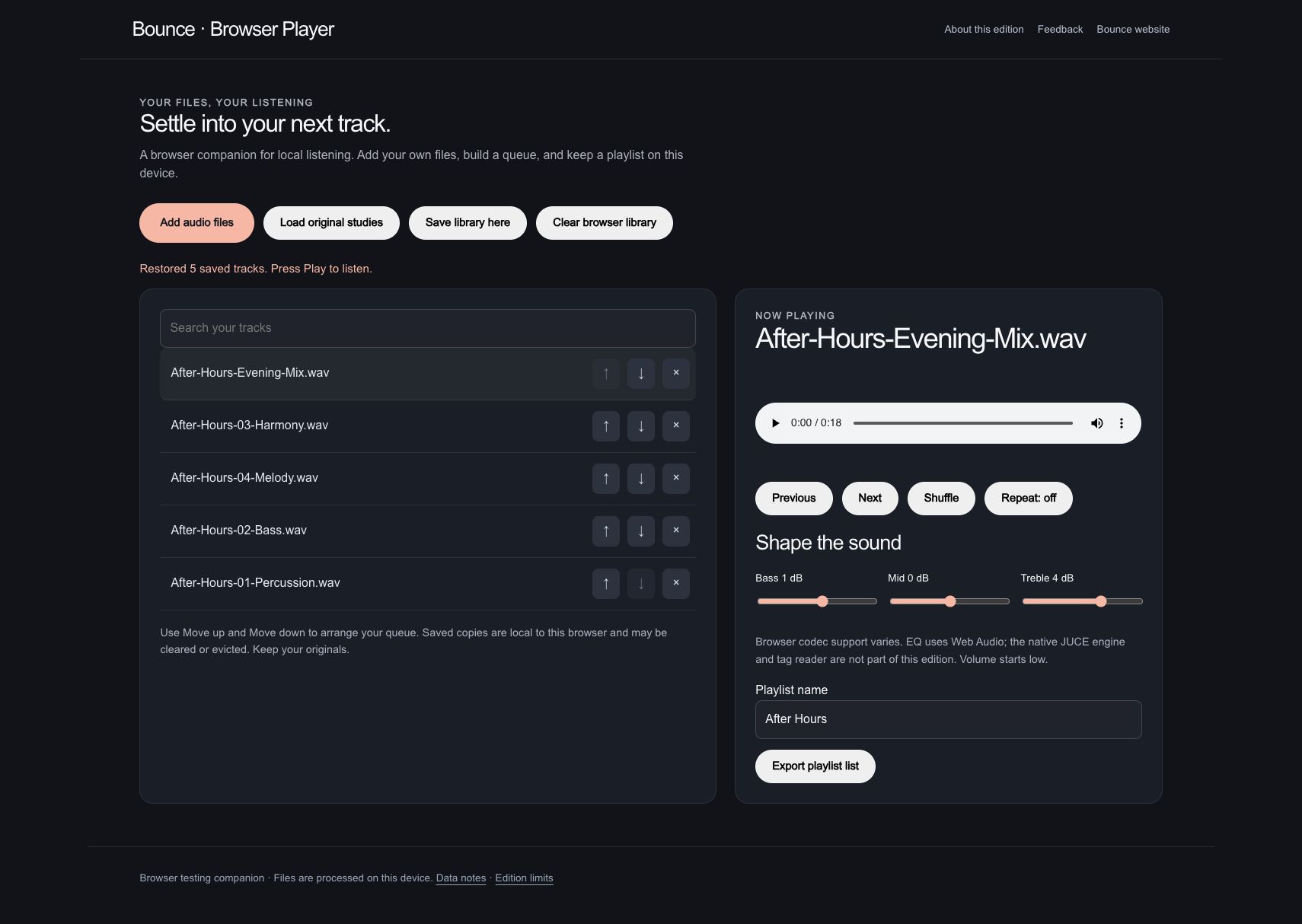 Bounce: Return to After Hours. The library is saved as After Hours. After reload, all five tracks return in the chosen order, with the playlist name and EQ settings retained.