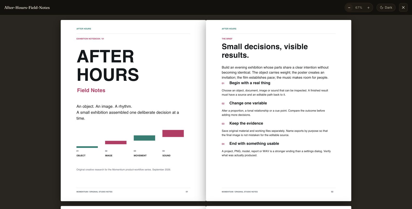 Librarian: Open the exhibition brief. After Hours Field Notes and Materials and Sound were imported as original PDFs. The field notes open in a light reading view at 67% zoom.