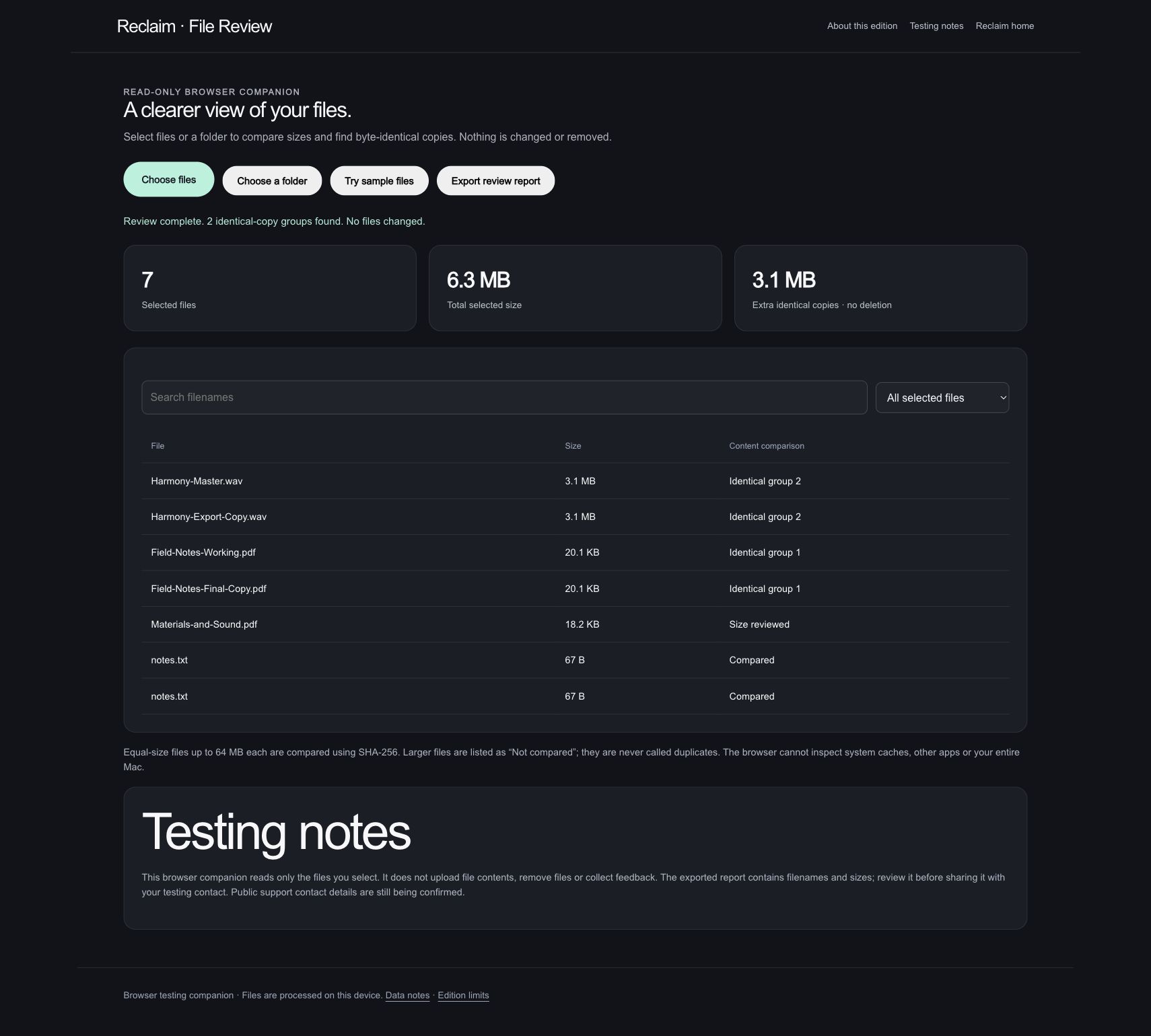 Reclaim: See the selected set. Seven original demonstration files total about 6.3 MB. The review lists their names and sizes and finds two groups of identical content.