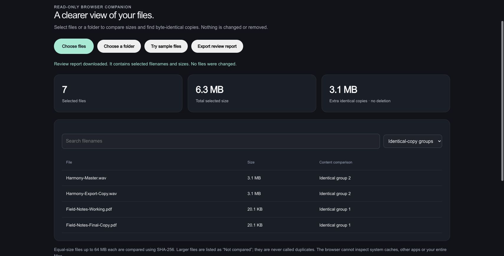 Reclaim: Match the bytes. A PDF pair and an audio pair match despite their different filenames. Together, the extra copies account for 3,277,228 bytes; no files were deleted.
