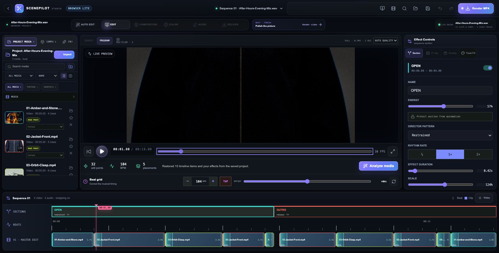 ScenePilot: Return to the timeline. After saving and reloading, Restore saved project brings back the three source clips, soundtrack, 15 timeline items and effects. A real exported cut JSON preserves the edit map.