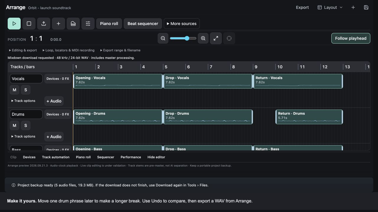 Orbit soundtrack arranged in the Sattari-based StemDeck workspace.