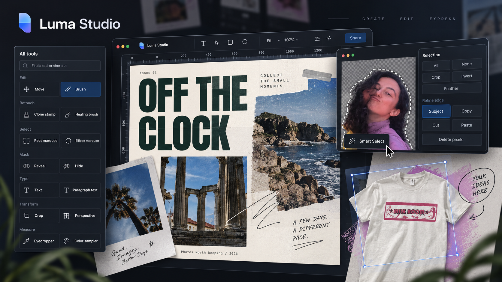 Luma Studio promotional concept with a photo collage, subject selection and T-shirt artwork