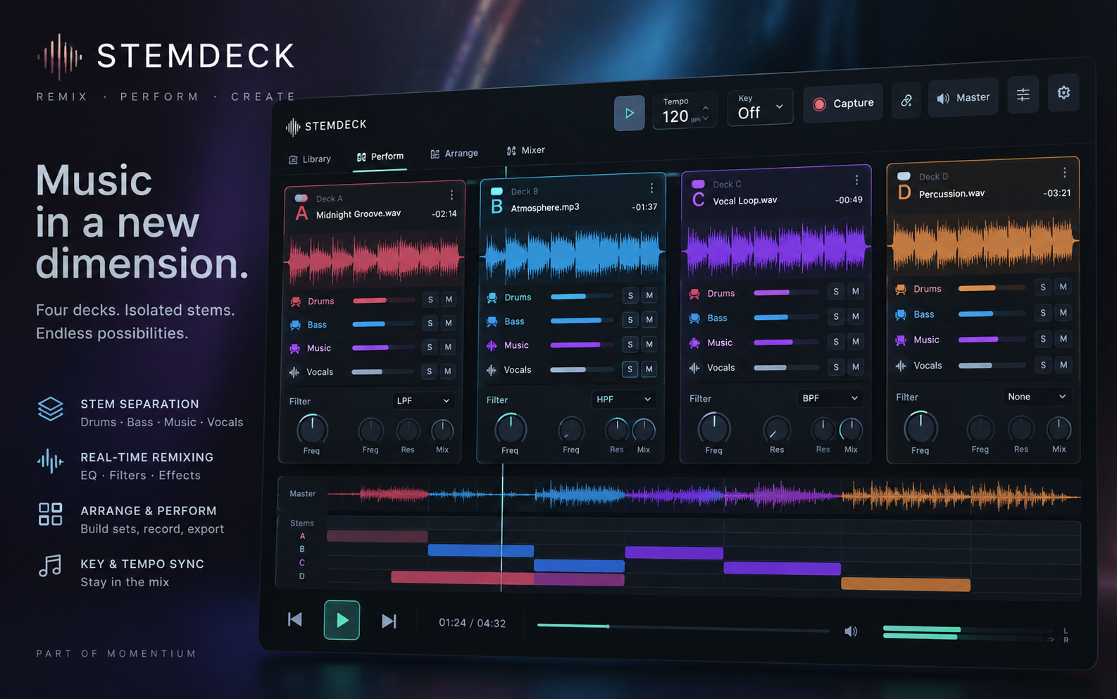 StemDeck promotional concept showing four decks, stems and an arrangement