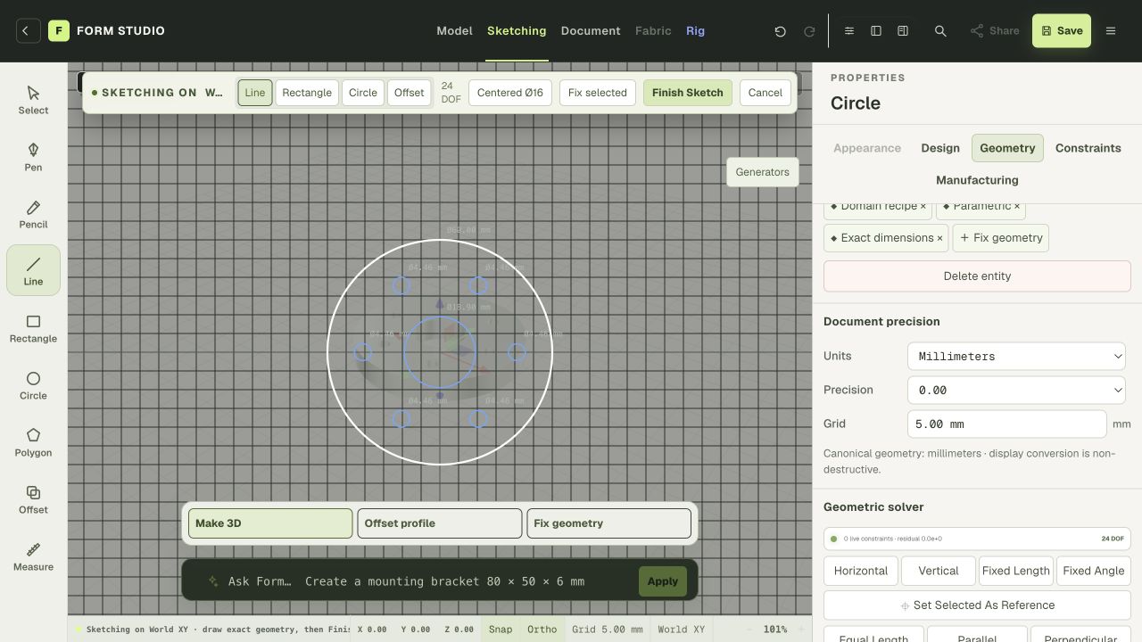 Move into the sketch workspace to develop the next detail. Work in a sketch